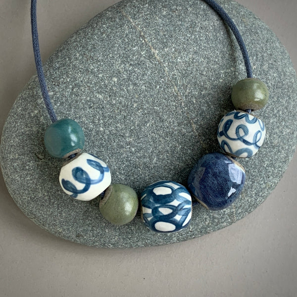 Indigo and Green Pebble Beads Necklace