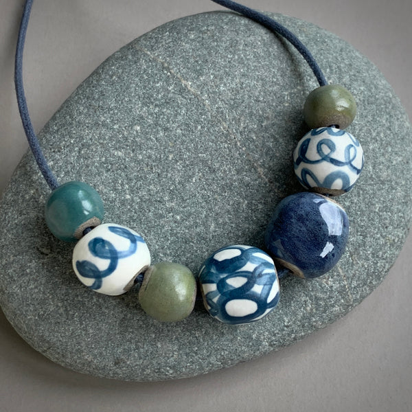 Indigo and Green Pebble Beads Necklace
